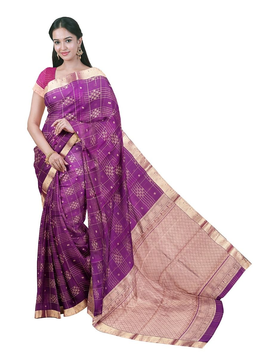 kora Silk Cotton Purple Grid Butta with Diamond Lattice Pallu Saree