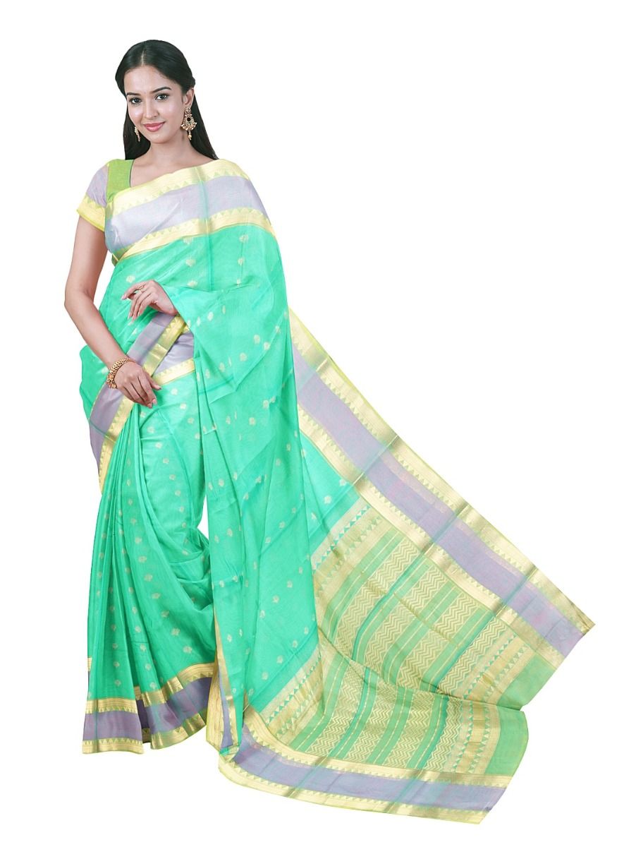 kora Silk Cotton Aqua Mint Floral Butta Chevron Pallu Saree