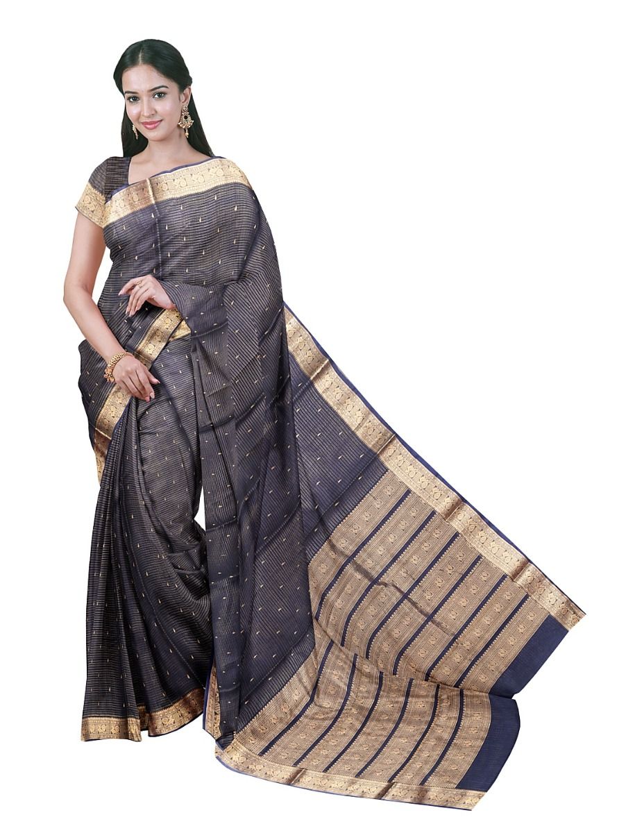 kora Silk Cotton Navy Pinstripe Butta Paisley Band Pallu Saree  
