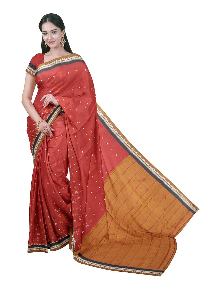 Gracecharm Elegant Banhatti Cotton Warli folk art figures Design with Border Saree