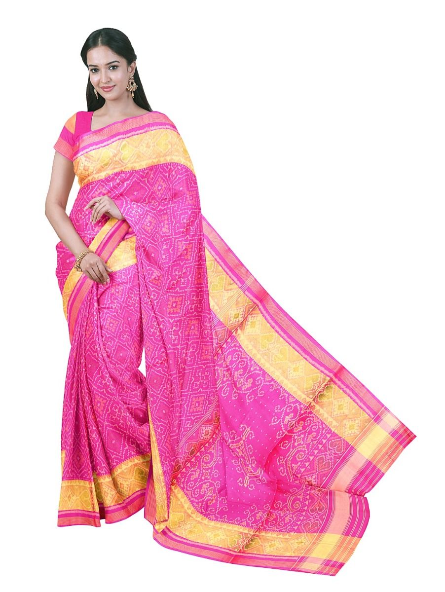Pochampally Silk Geometric Diamond Ikat with Ornamental Floral Pallu Saree