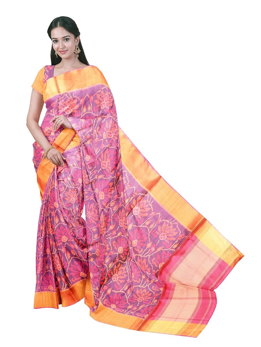 Pochampally Silk Floral Ikat with Fine Stripe Pallu Saree