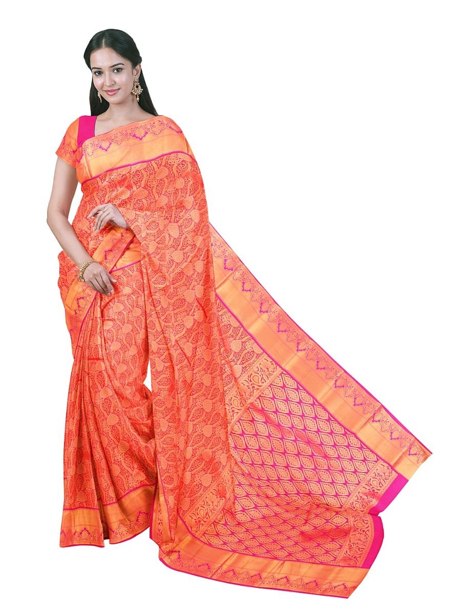 Gracecharm tangerine orange Gift Art Silk Floral Jacquard with Geometric Pallu Saree