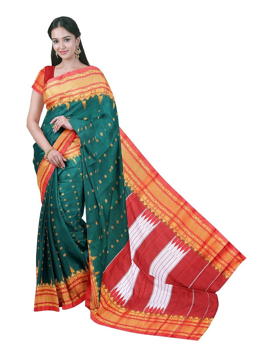 Dharward Cotton Peacock Green Rosette Butta Temple Stripe Pallu Saree