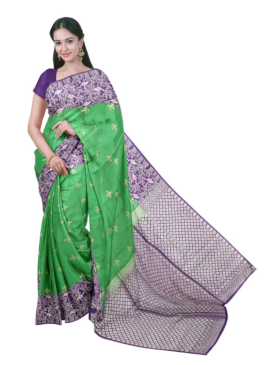 Gracecharm Art Soft Silk Spread-Wing Bird Butta Floral Vine Border Saree