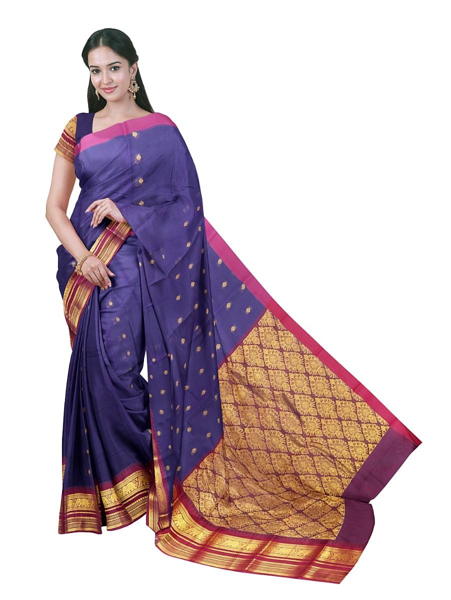 Chettinad Cotton Violet Floral Butta Damask Pallu Saree