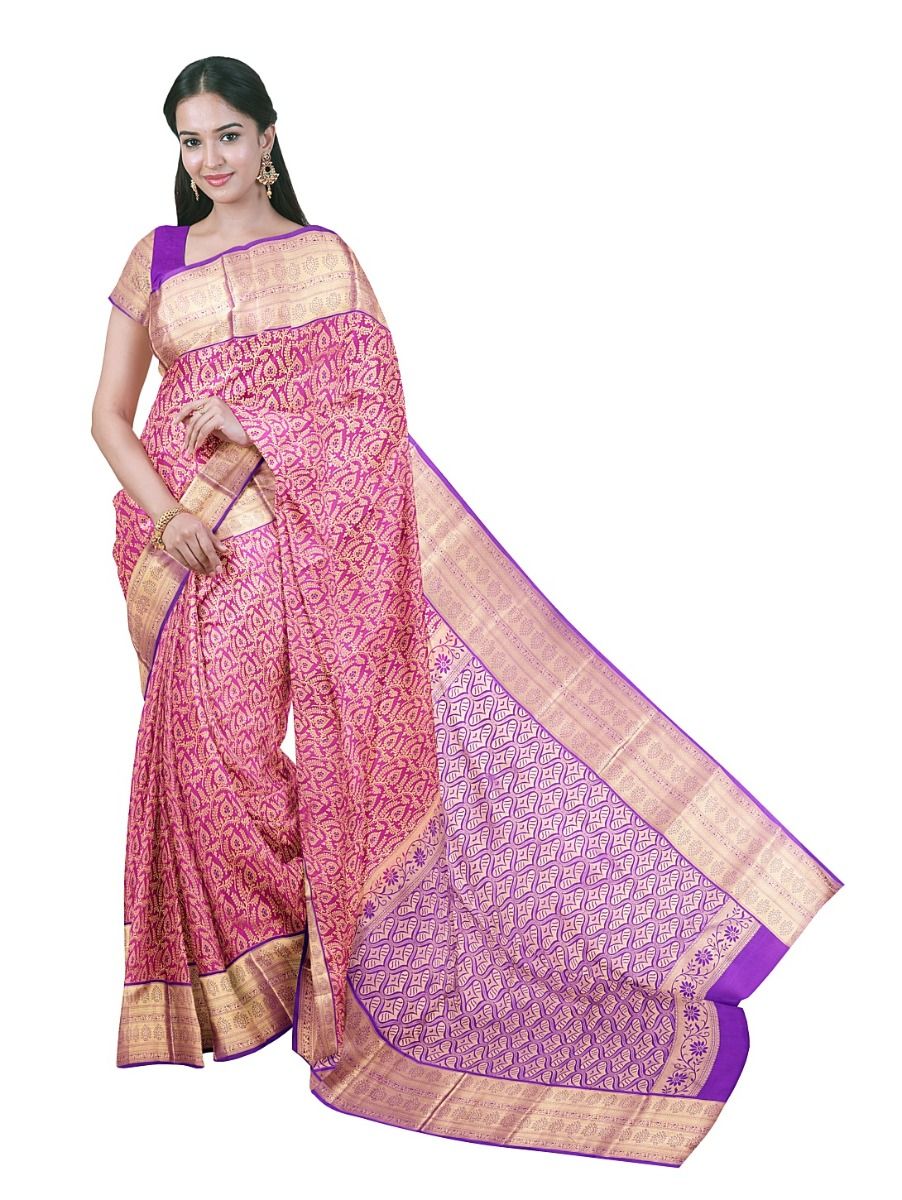 Gracecharm Elegant Traditional Floral and Leaf Jaal Zari Brocade Medallion Butta Brocade Border Silk Saree