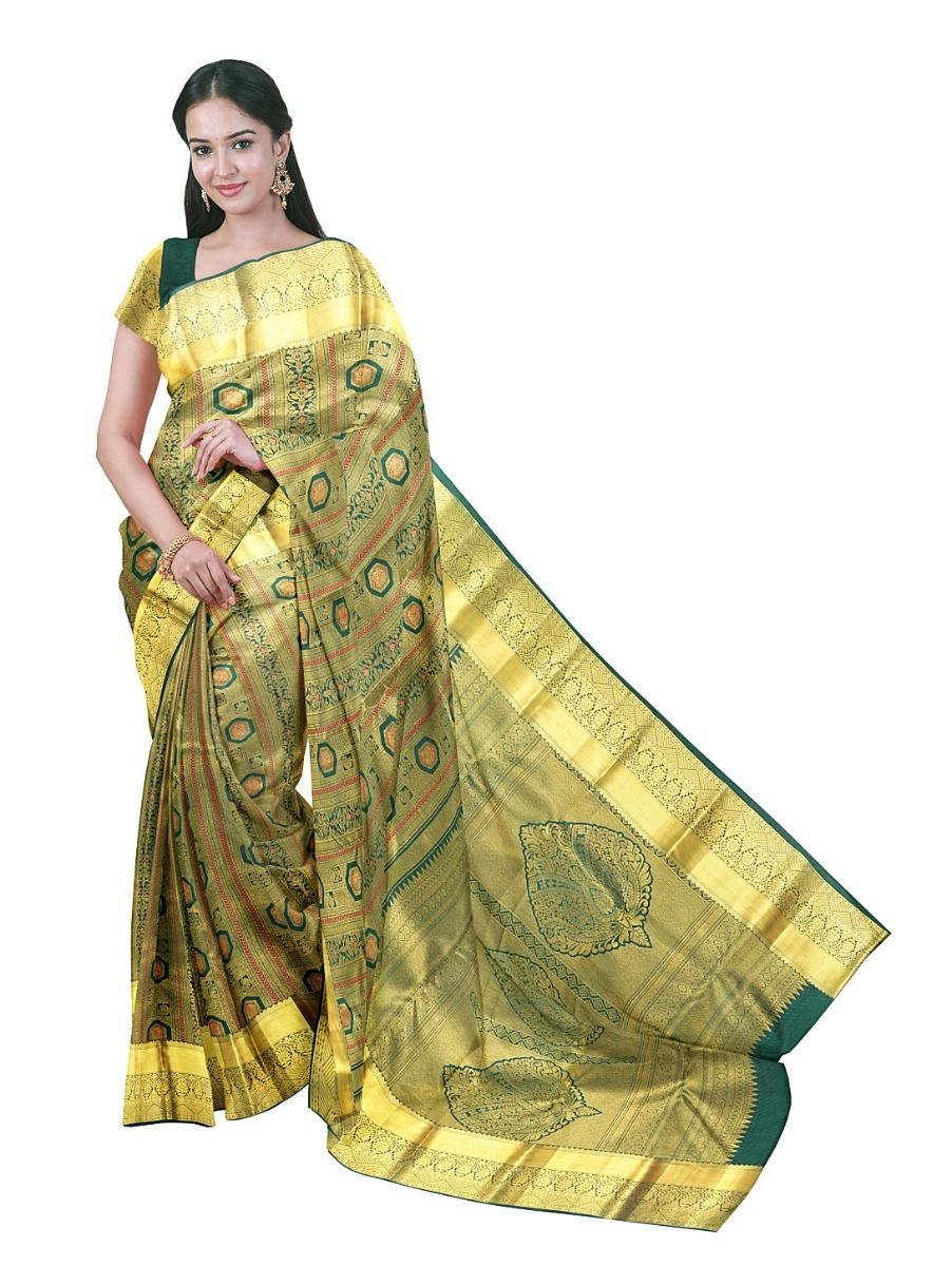 Gracecharm Silk Hexagonal Floral Stripe with Medallion Zari Pallu Saree