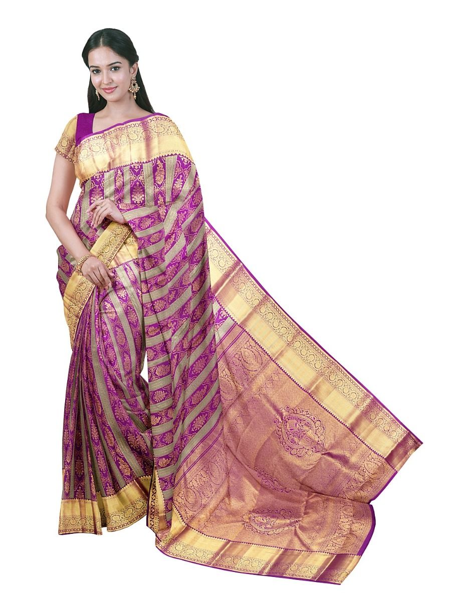 Gracecharm Silk Floral Butta Stripe with Floral Medallion Zari Pallu Saree