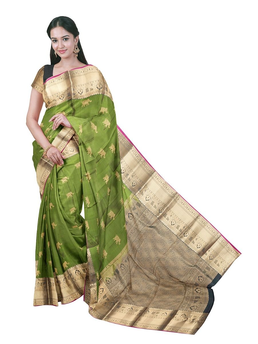 Gracecharm Elephant Butta with Temple Border Pallu Silk Saree