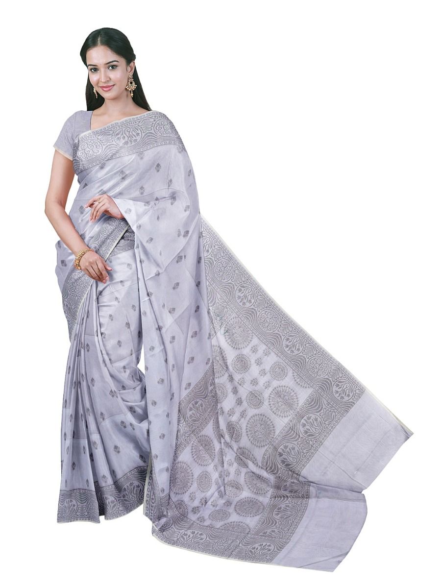 Gracecharm Silk Cotton Arrowhead Butta Floral Medallion Pallu Saree