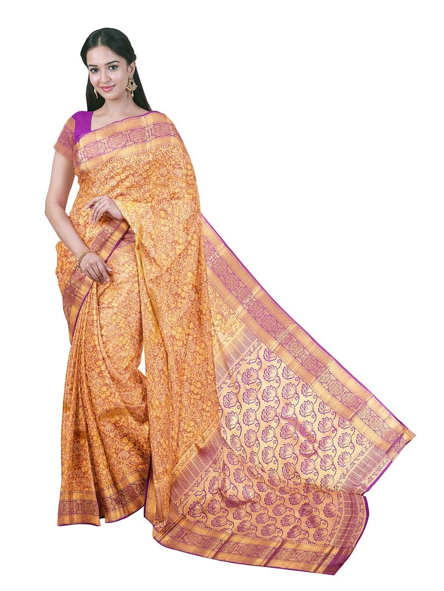 Gracecharm Silk Jacquard floral jaal motif woven with shimmering gold Pallu Saree
