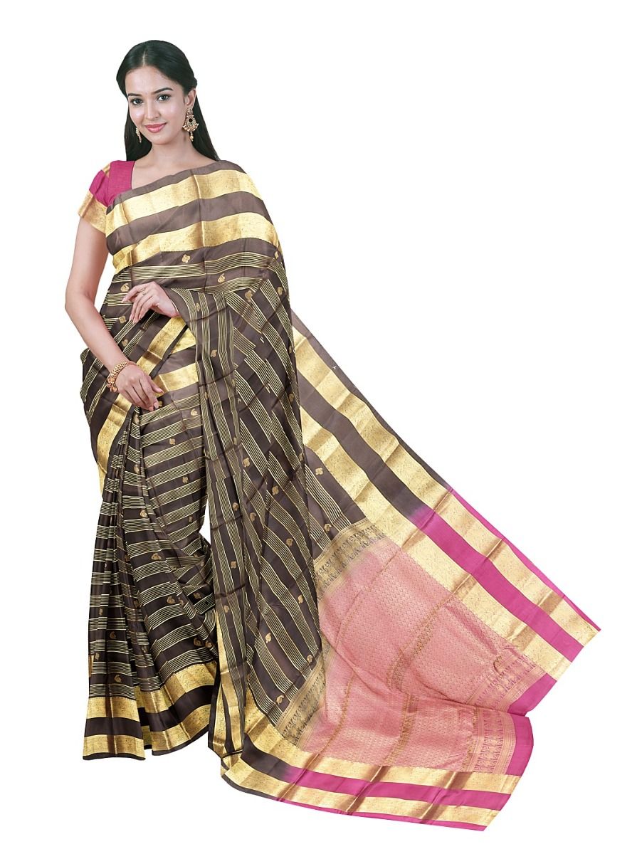 Gracecharm Silk Paisley Butta Pinstripe with Zari Border Saree