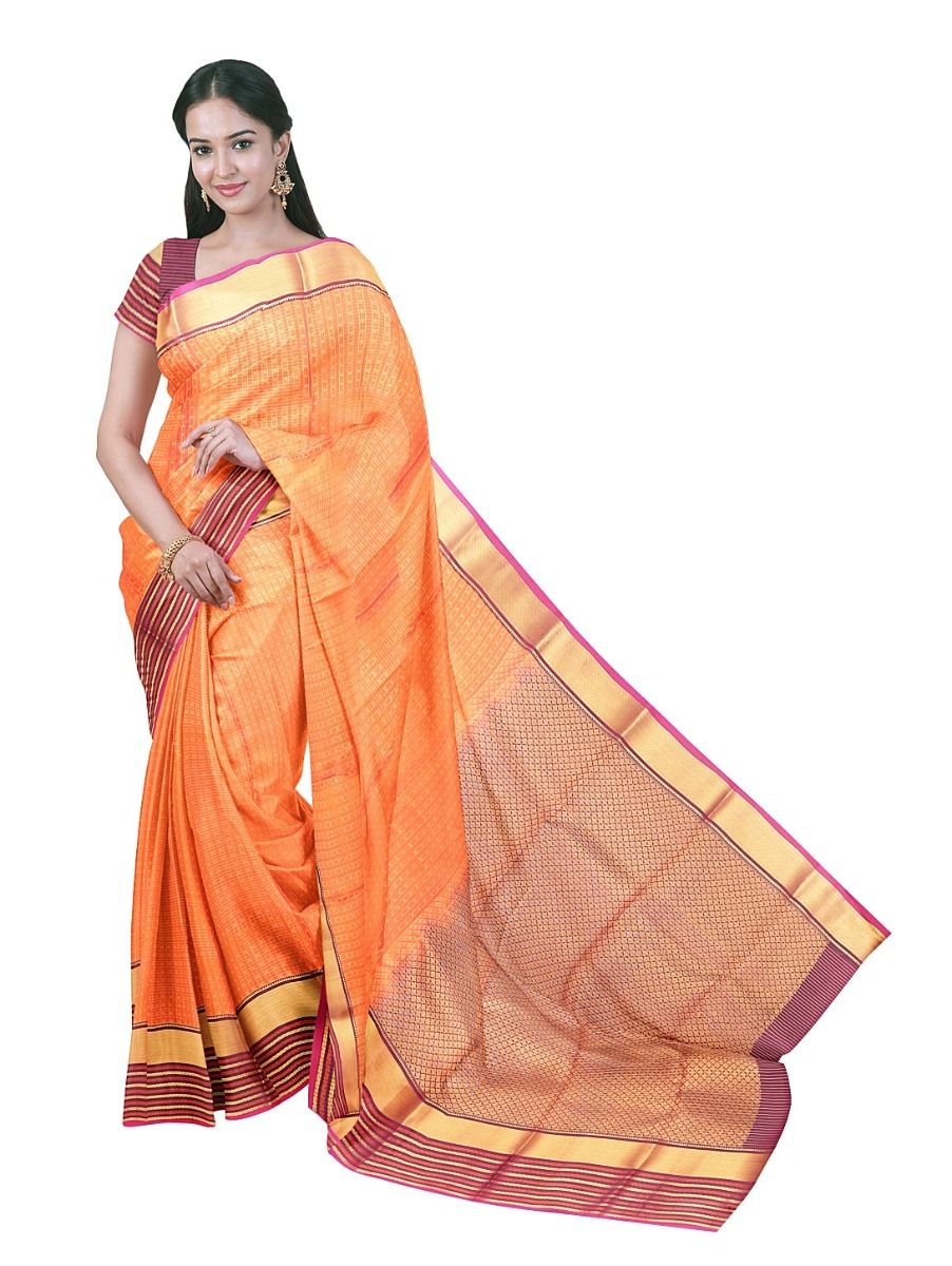 Gracecharm Silk Fine Grid Check with Geometric Jaal Pallu Saree