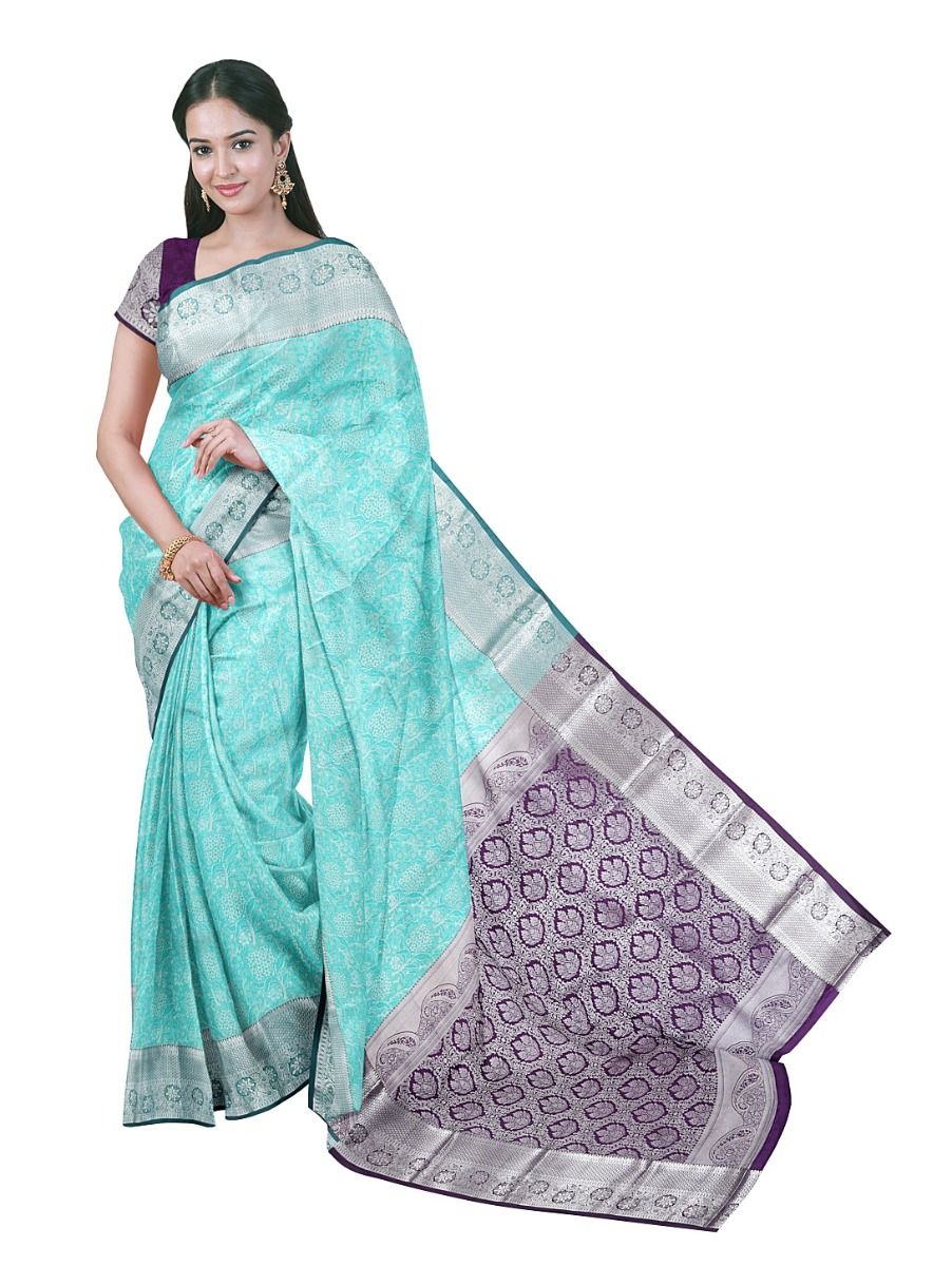 Gracecharm Gift Art Aqua Blue Silk Floral Butta Checks with Zari Pallu Border Saree
