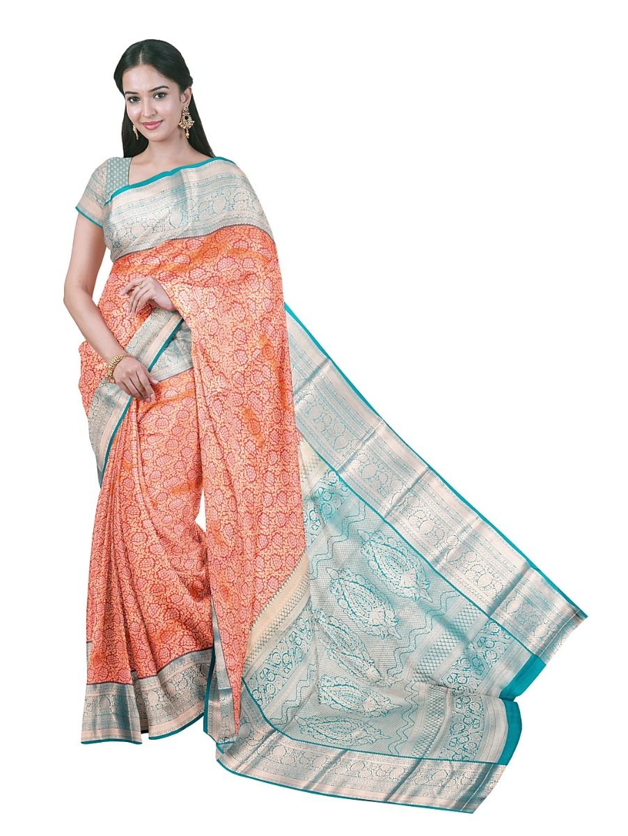 Gracecharm Gift Art Silk Coral Orange Daisy Floral Vine Jaal Butta Pallu Saree 