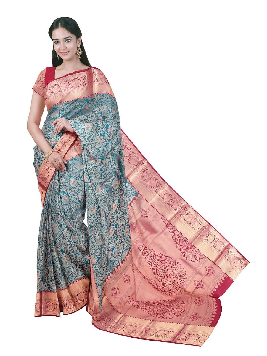 Gracecharm Gift Art Silk Floral Butta Checks Turquoise Blue with Zari Pallu Border Saree