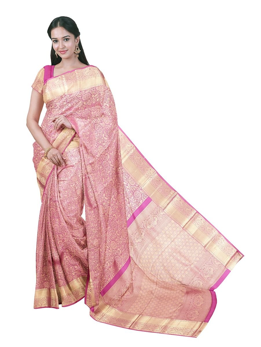 Gracecharm Silk Jacquard dense floral and creeper jaal weave using metallic gold threads with geometric linework Zari borde Saree