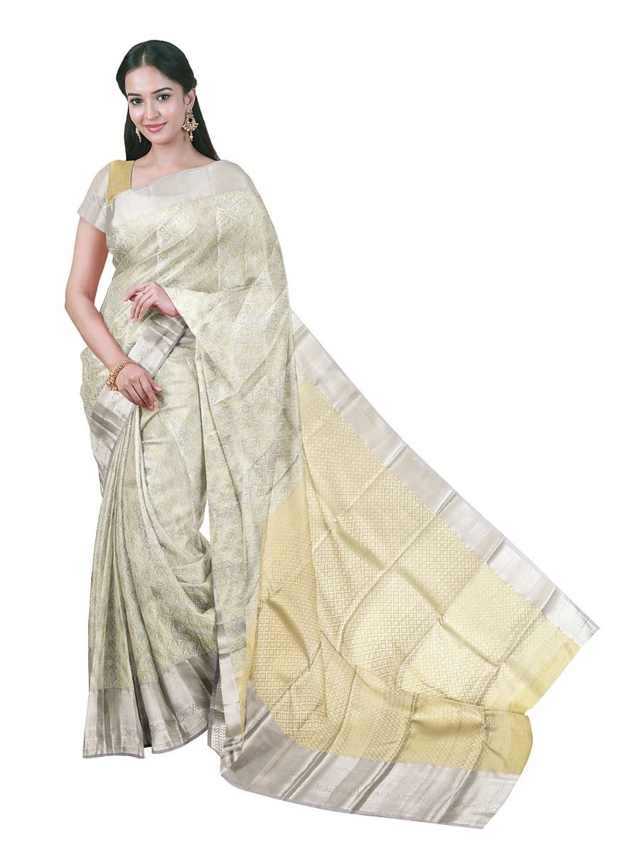 Gracecharm Pantone Cream Gold Tissue Soft Silk Floral Jaal Motif with Zari Border Saree