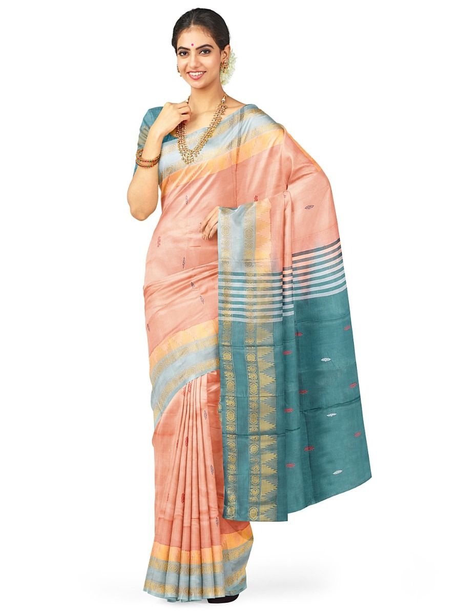Kanmanie Vazhainaar Pattu Geometric Butta with Contrast Striped Pallu Saree