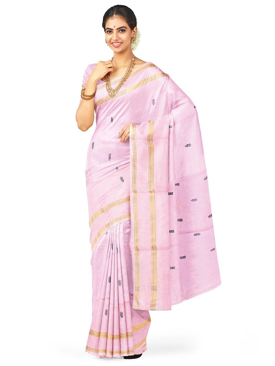 Kanmanie Vazhainaar Pattu Geometric Butta with Double Zari Line Border Saree