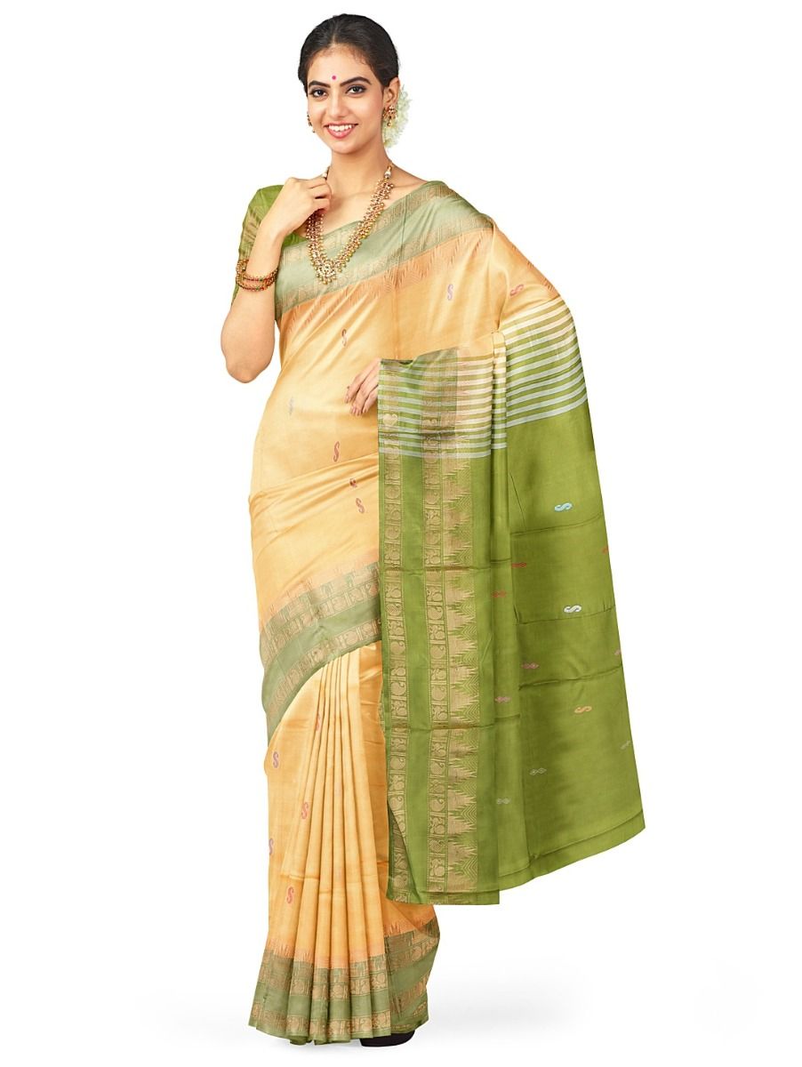 Kanmanie Vazhainaar Pattu Multicolor Butta with Contrast Striped Pallu Saree