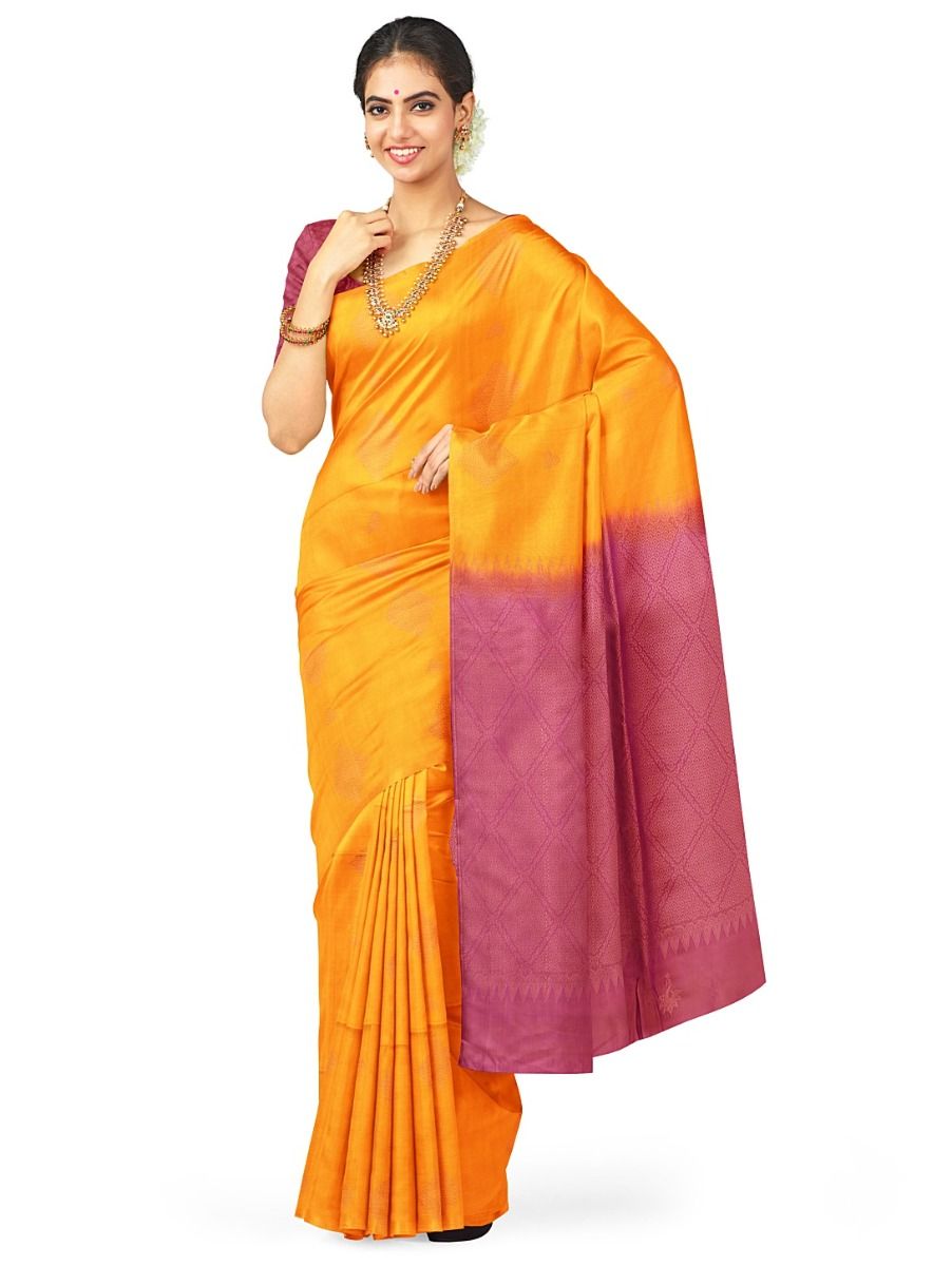 Kanmanie Softy Silk Mustard Yellow Diamond Butta with Contrast Pallu Saree