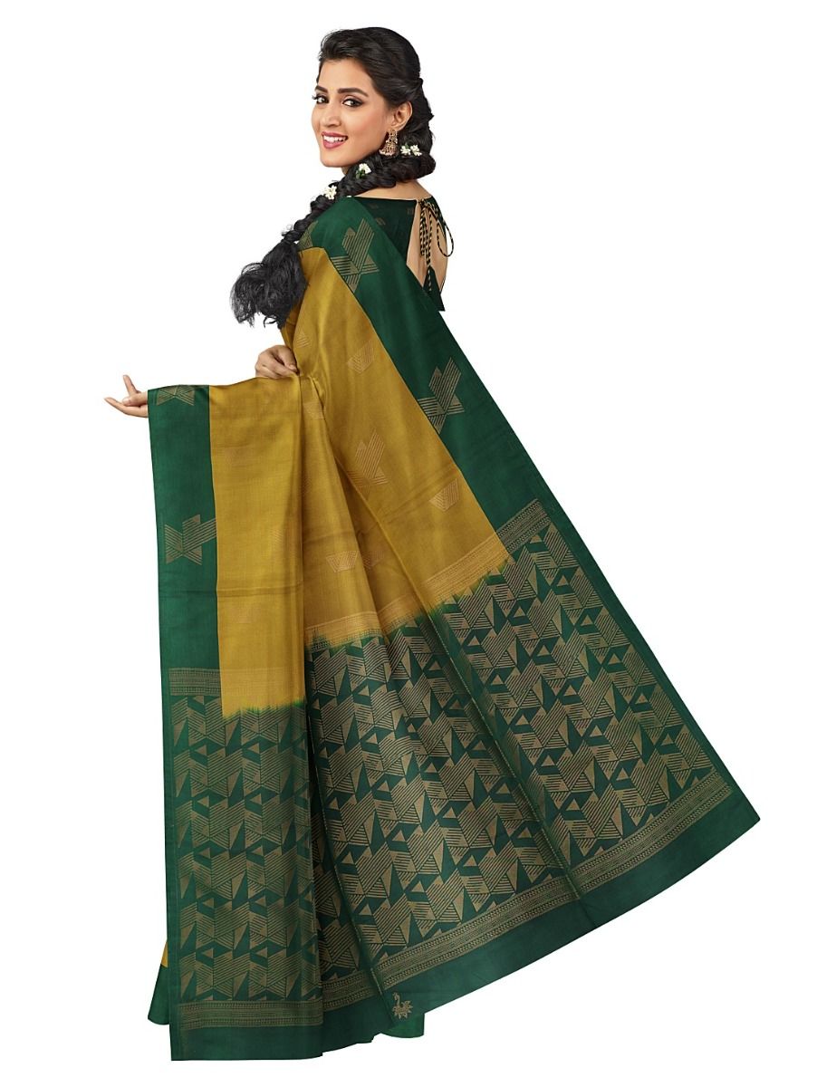 Kanmanie Softy Silk Mustard Geometric Butta with Contrast Border Saree