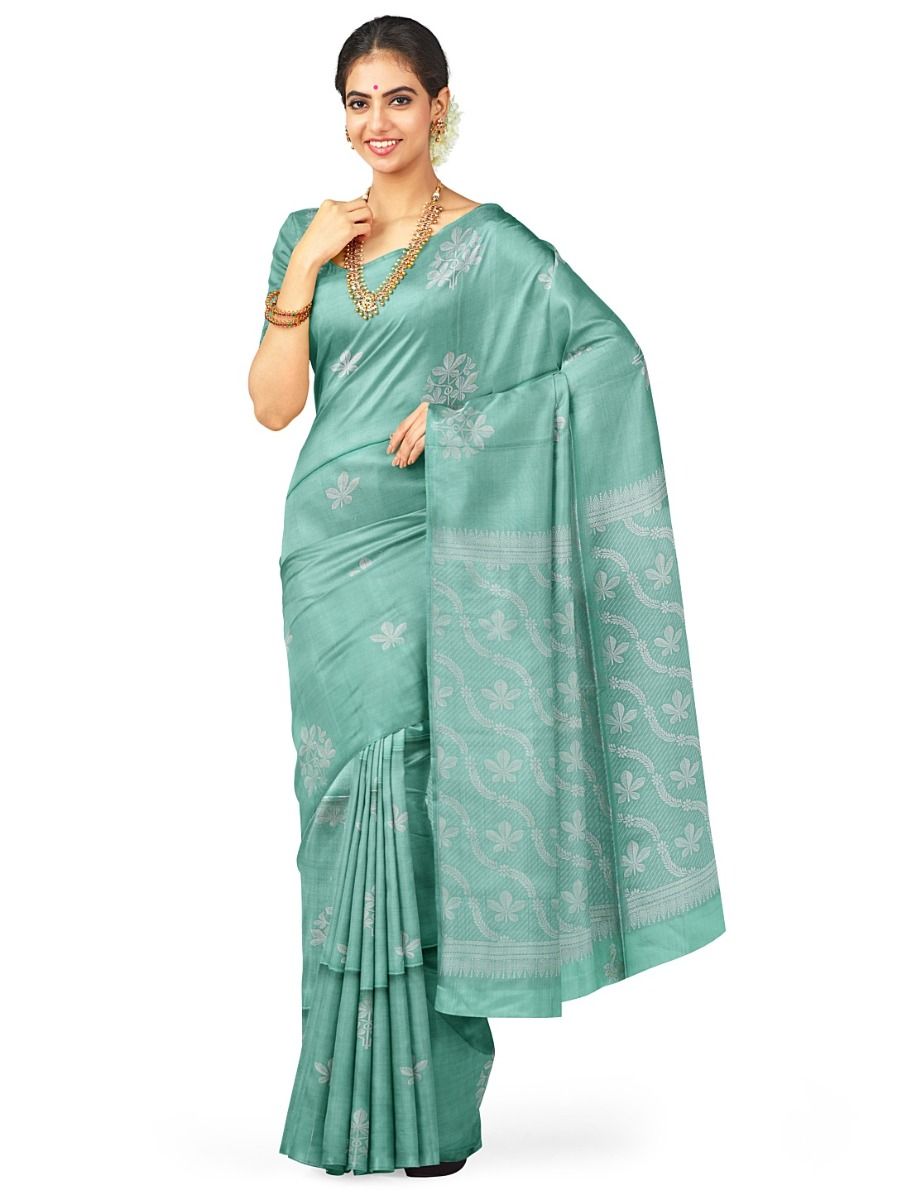 Kanmanie Softy Silk Mint Green Floral Butta with Pallu Saree