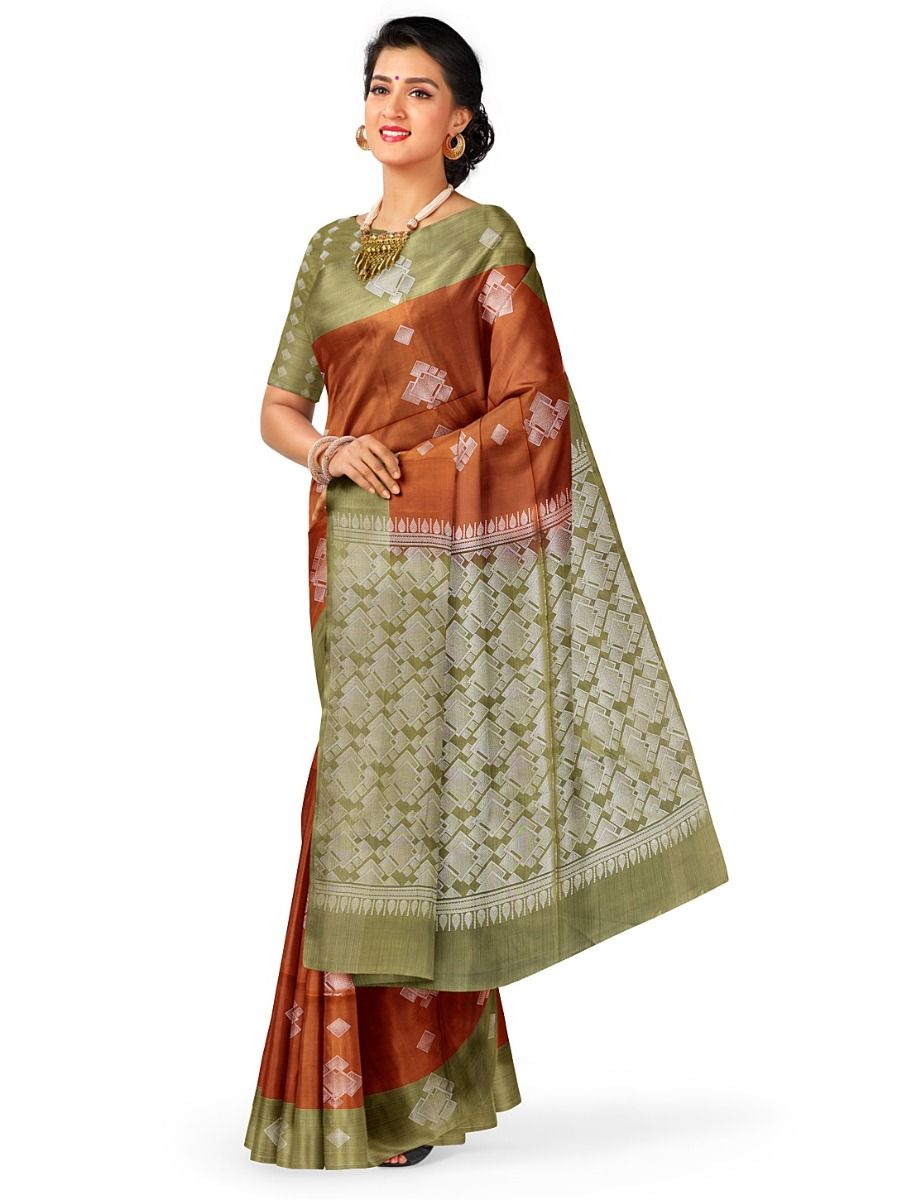 Kanmanie Softy Silk Geometric Square Butta with Contrast Border Saree