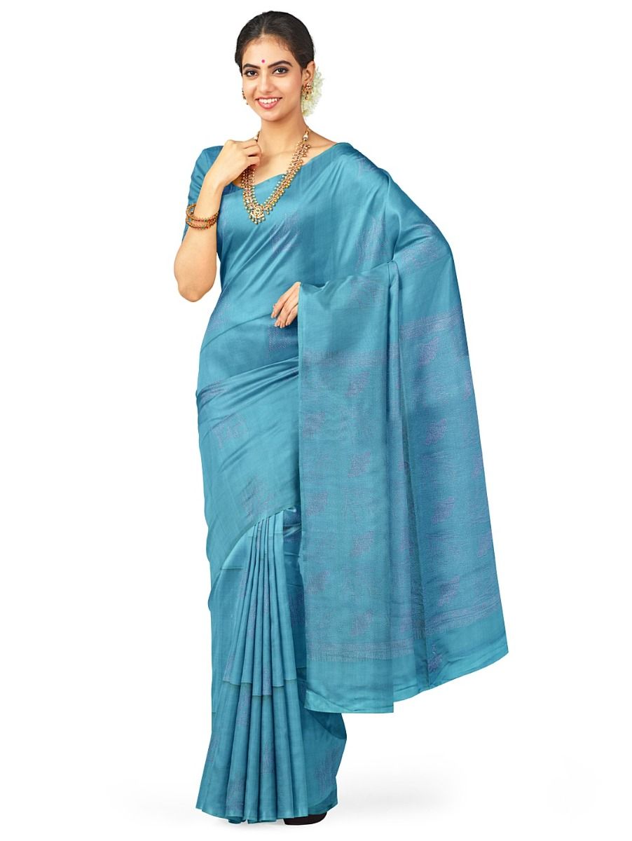 Kanmanie Softy Silk Leaf Butta with Floral Leaf Brocade Pallu Borderless Saree
