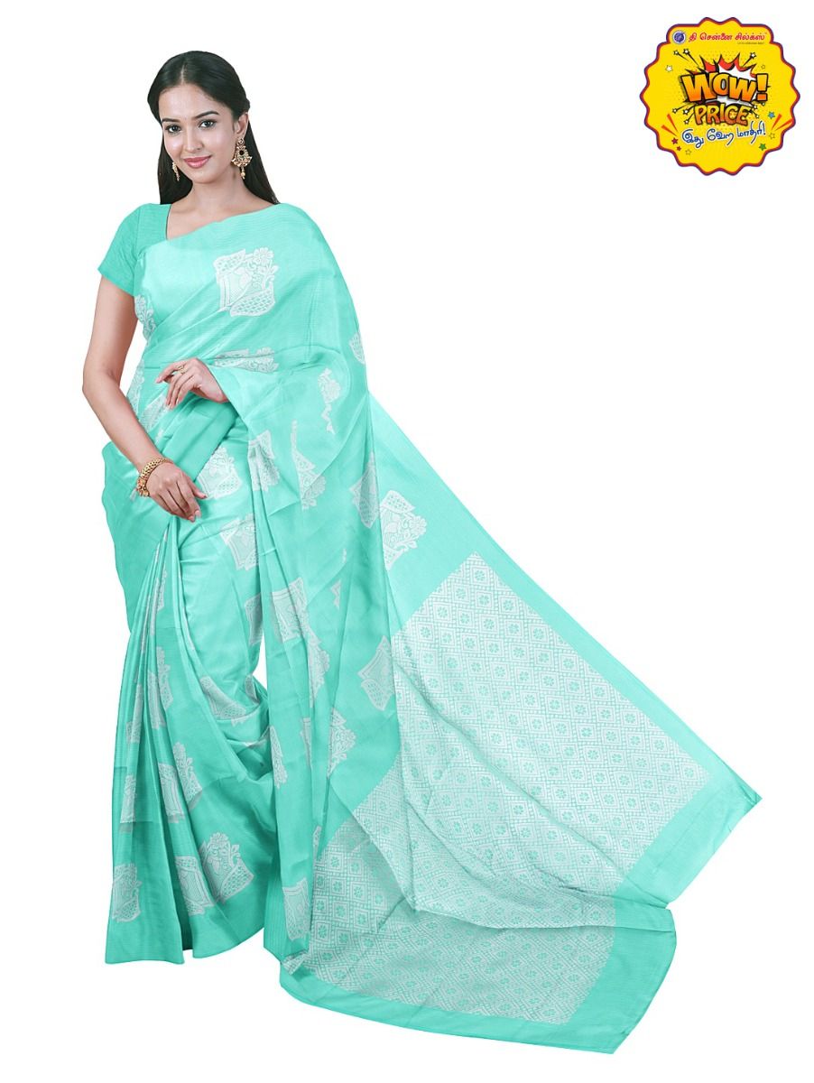 Gracecharm Art Soft Silk Mint Green Floral Butta with Diagonal Geometric Pallu wow Saree