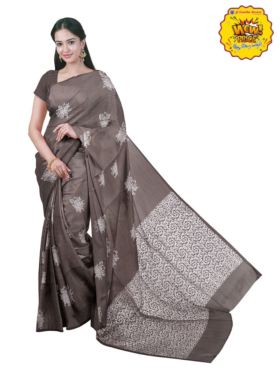 Gracecharm Art Soft Silk Dark Chocolate Brown Floral Butta with Diagonal Geometric Pallu wow Saree