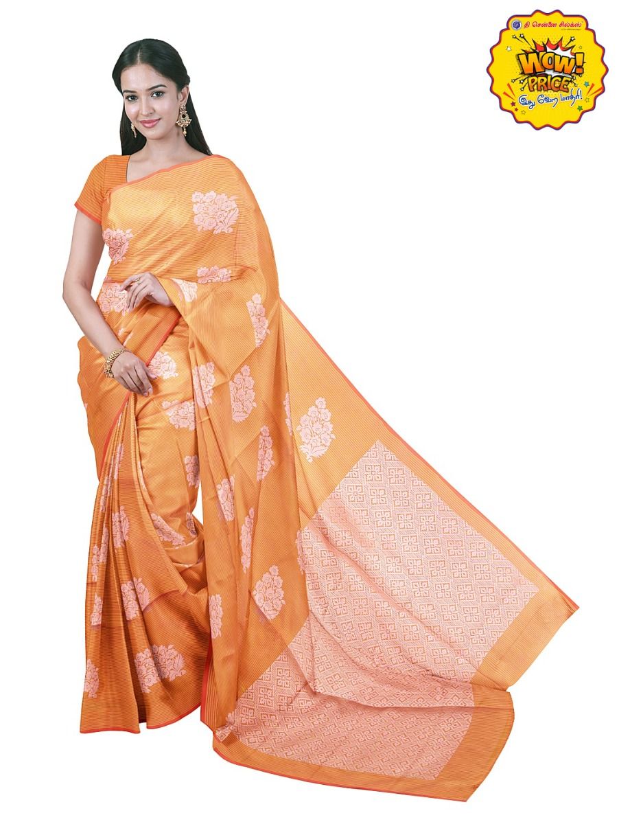 Gracecharm Art Soft Silk Light Orange Floral Butta with Diagonal Geometric Pallu wow Saree