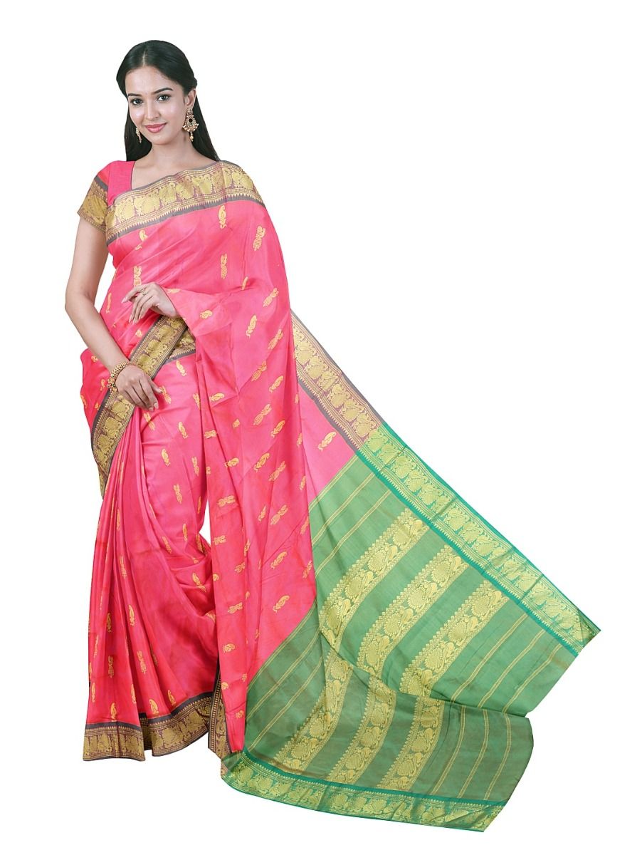 Traditional Arani Strawberry Pink Silk Nine Yards Plain with Zari Border Saree