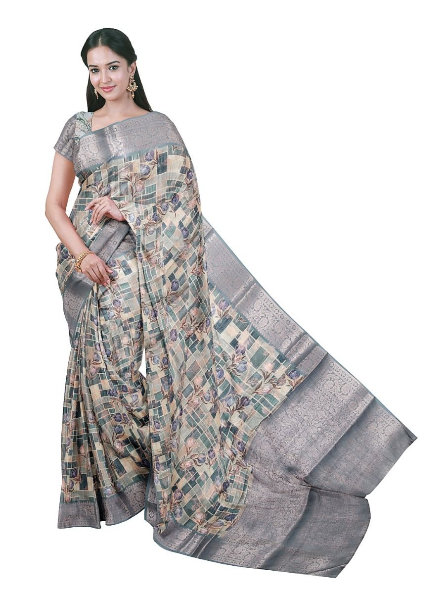 Fancy Manipuri Print Flower smooth synthetic threads Zari woven border Saree
