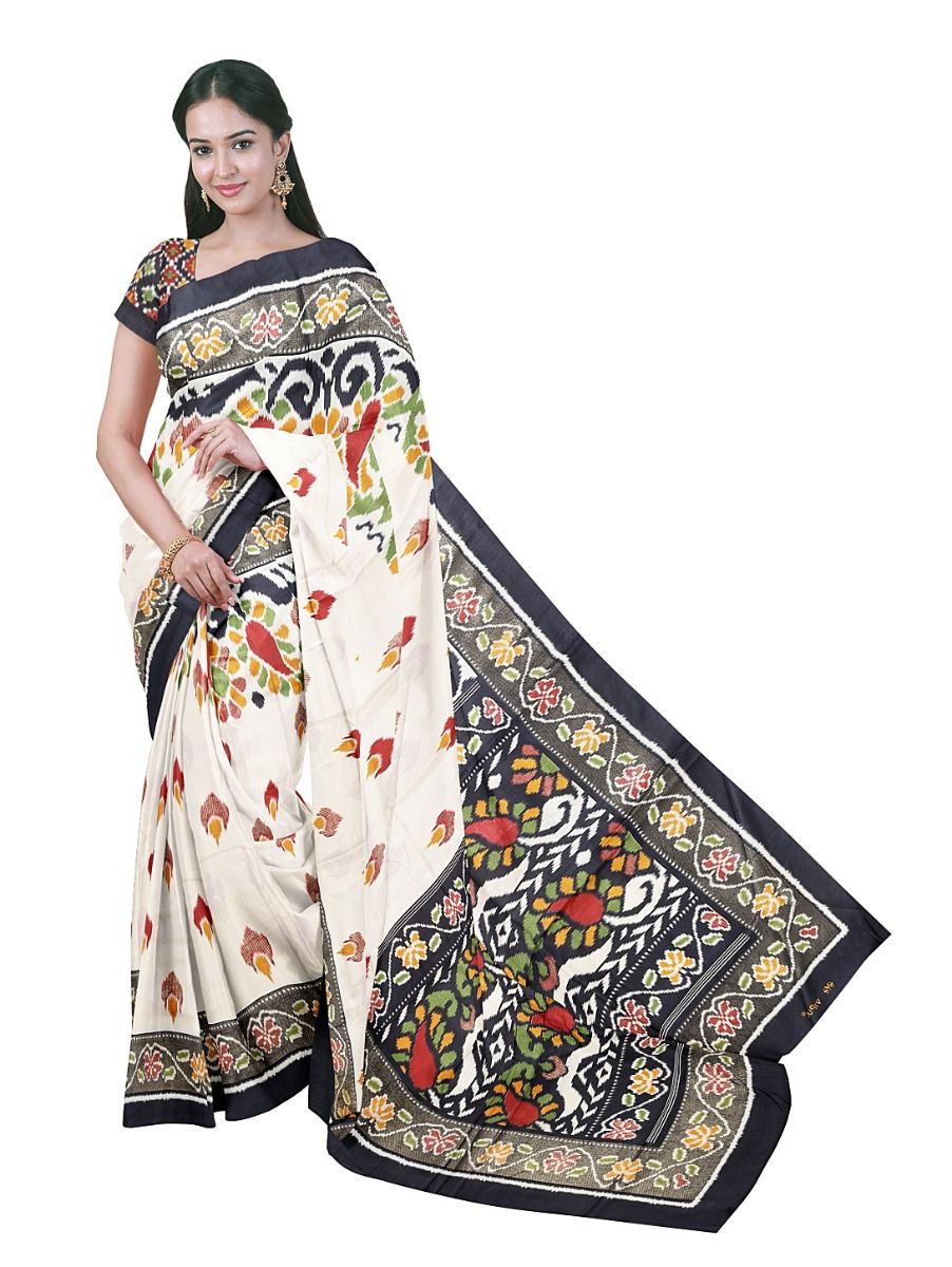 Gracecharm Fancy Ikat Print Silk Floral Paisley Motifs Pallu Saree