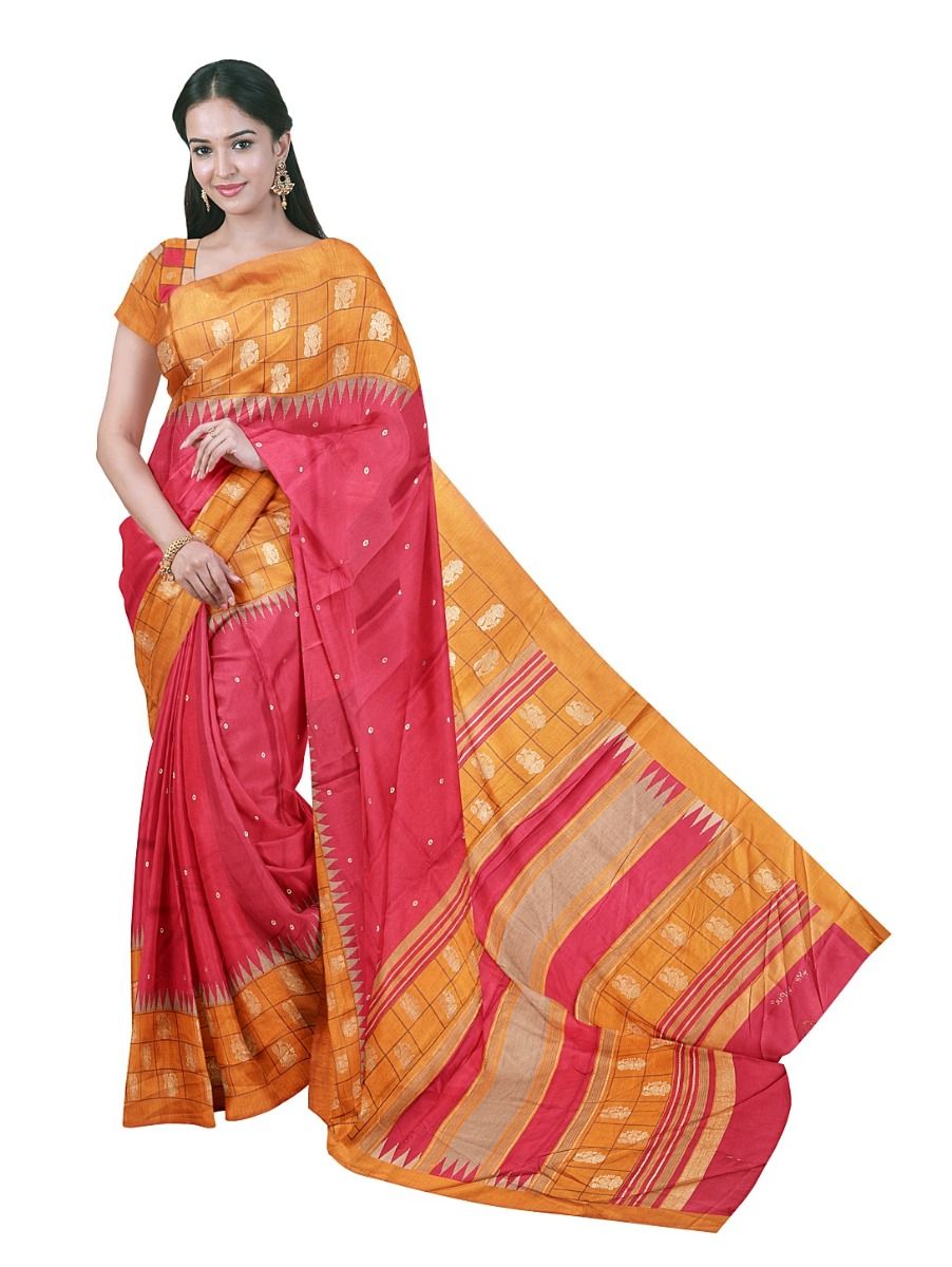 Gracecharm Strawberry Pink Fancy Dopian butta with paisley checks inside the grids border Saree