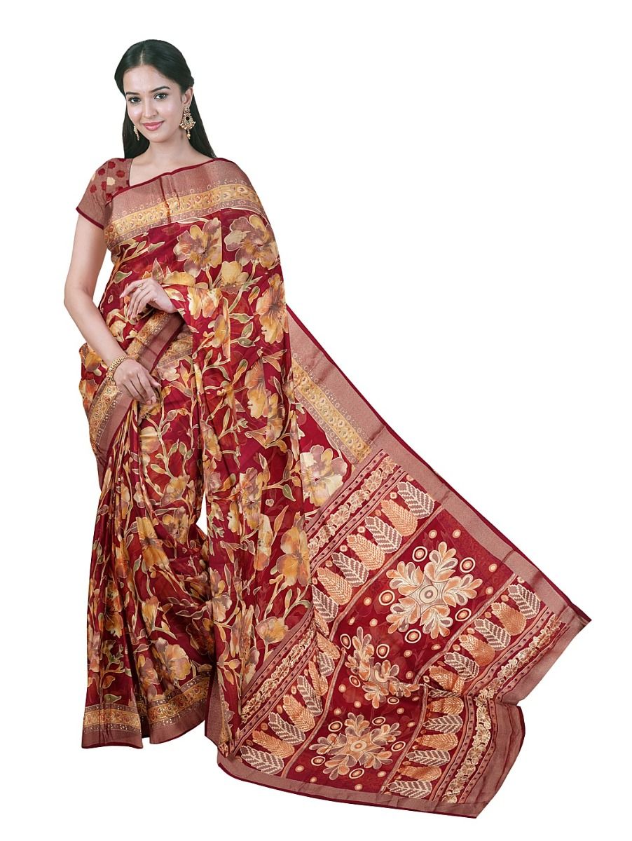 Gracecharm Fancy Varanasi Weaving Digital Floral Print with Zari Border Saree