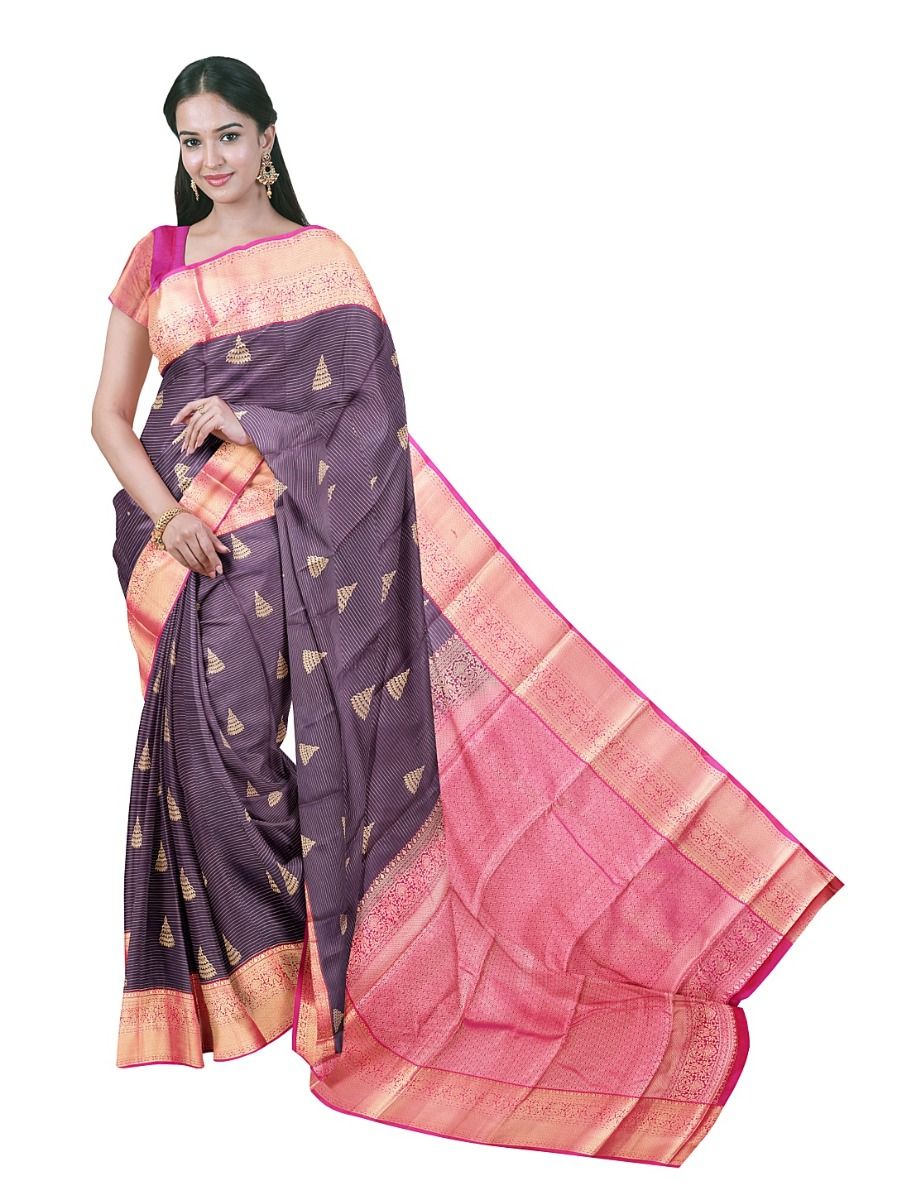Gracecharm Gift Art Silk Stripe Temple Butta with Brocade Pallu Saree