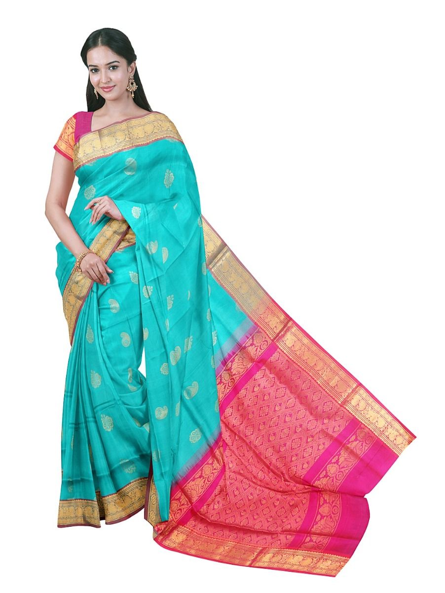 Gracecharm Elegant Kathirippu Silk Cotton Turquoise Blue Butta Design with Border Saree