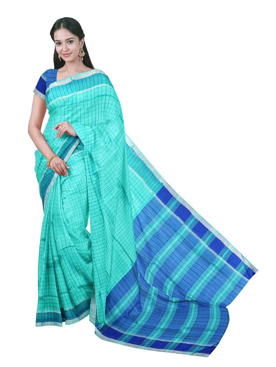 Gracecharm Elegant Chirala Cotton Turquoise Checked Design with Border Saree