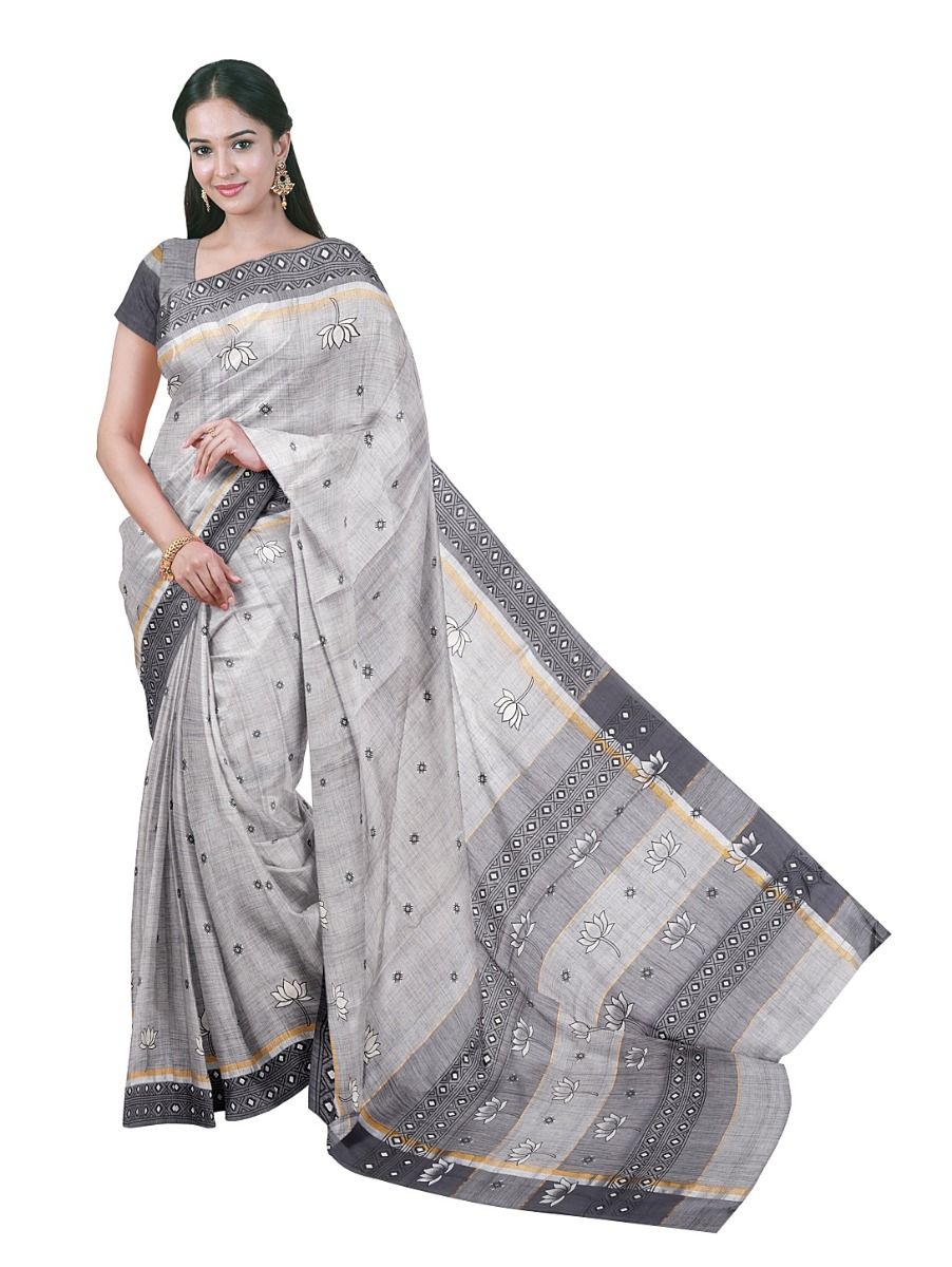 Gracecharm Elegant Light Grey Sarla Cotton Printed Design with Border Saree