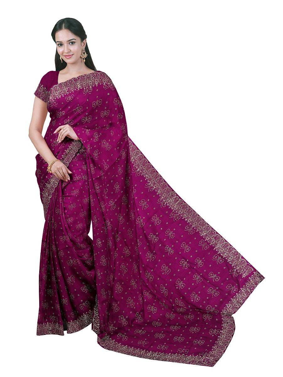 BlossomEase Wine Purple George Elegant Stone Work with Fancy Border Saree