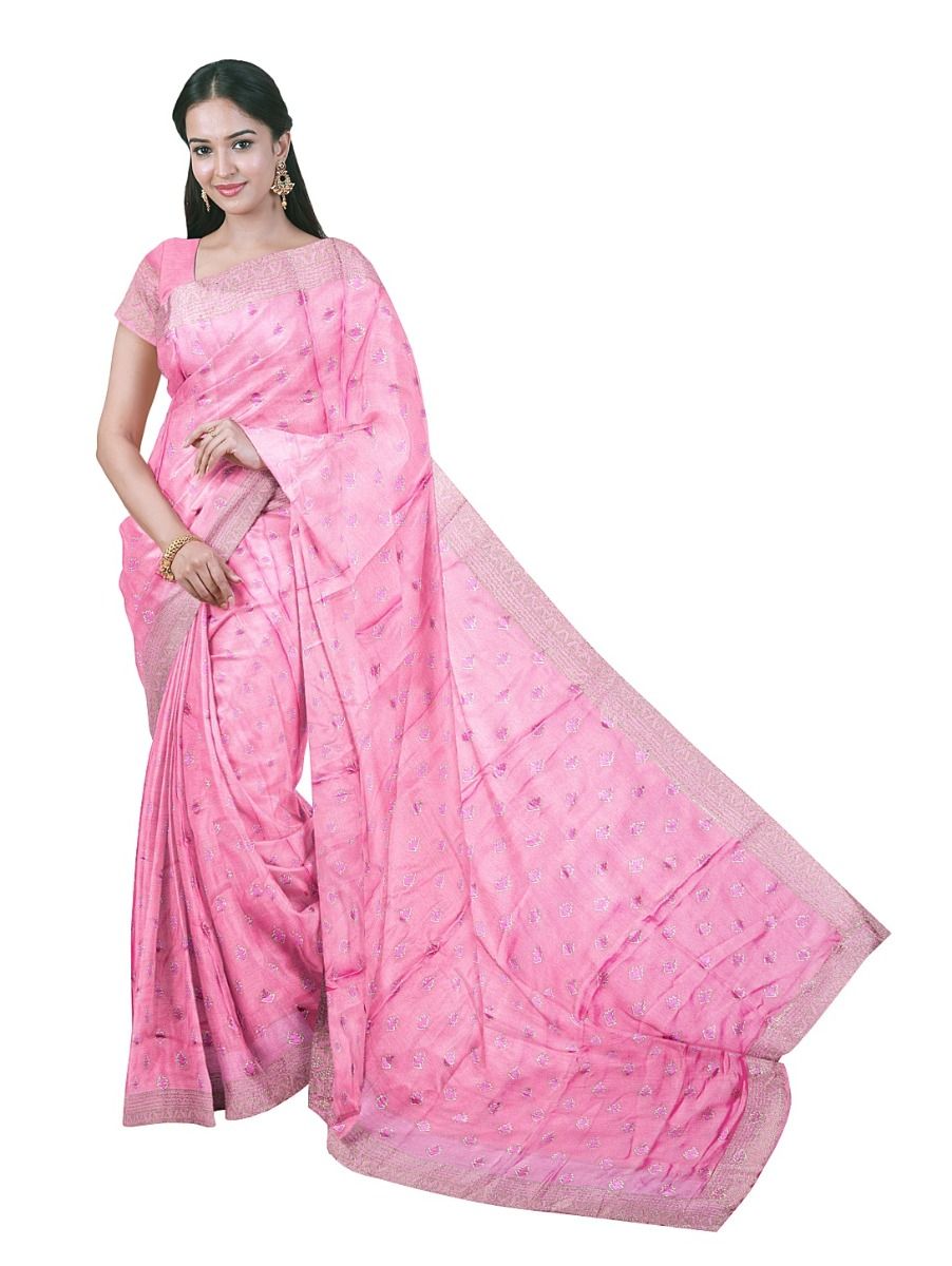 BlossomEase Bubblegum Pink George Elegant Stone Work with Fancy Border Saree