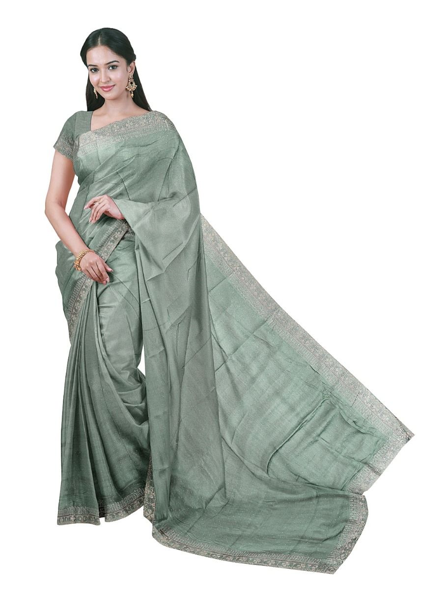 BlossomEase Sage Green George Elegant Stone Work with Fancy Border Saree