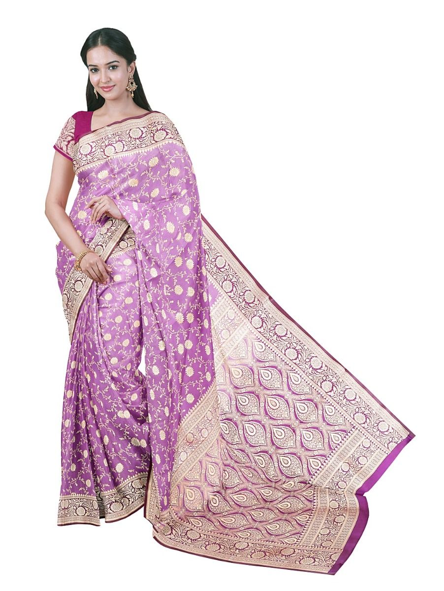 BlossomEase Semi Banarasi Orchid Purple floral motifs with antique zari Border Saree
