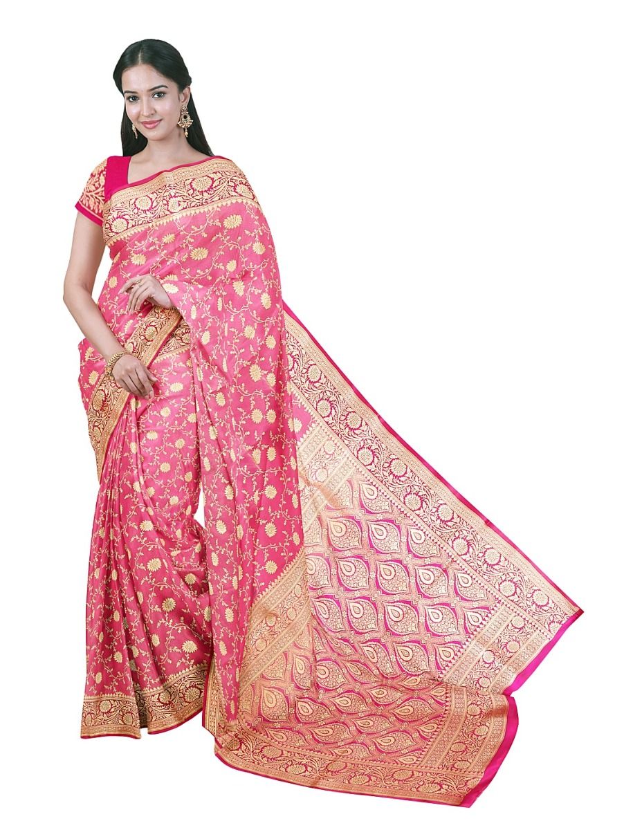 BlossomEase Semi Banarasi Gajari Pink floral motifs with antique zari Border Saree