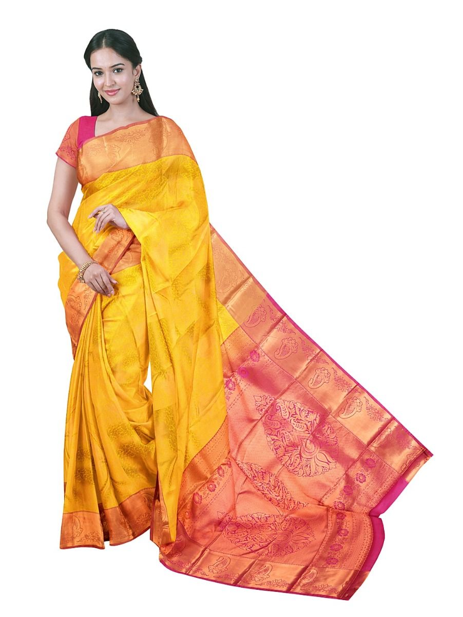 Gracecharm Tangerine Yellow Art Soft Silk Floral Jaal Motif with Zari Border Saree