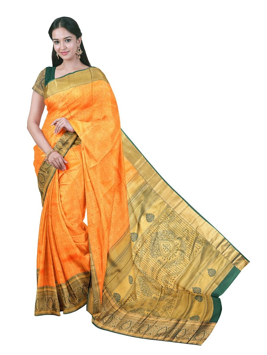 Gracecharm Gift Art Mango Orange Silk Floral Butta Checks with Zari Pallu Border Saree